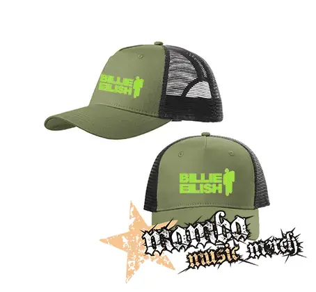 BILLIE EILISH - Logo And Stickman - olivovočierna sieťkovaná šiltovka model "Trucker Cap"