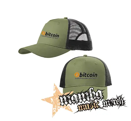 BITCOIN - In Cryptography We Trust - olivovočierna sieťkovaná šiltovka model "Trucker Cap"