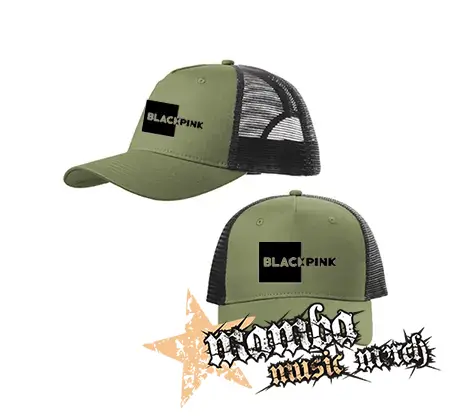BLACKPINK - Pink Square Crest BW - olivovočierna sieťkovaná šiltovka model "Trucker Cap"