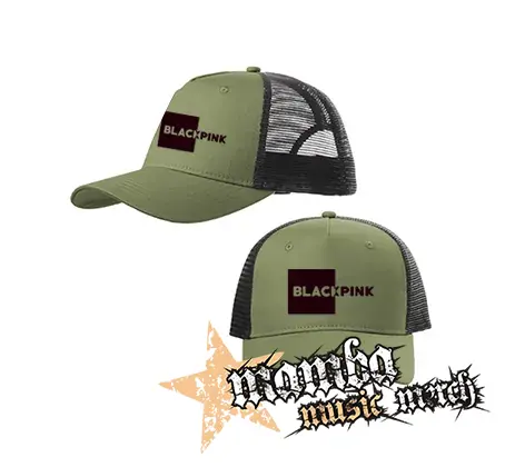 BLACKPINK - Pink Square Crest - olivovočierna sieťkovaná šiltovka model "Trucker Cap"