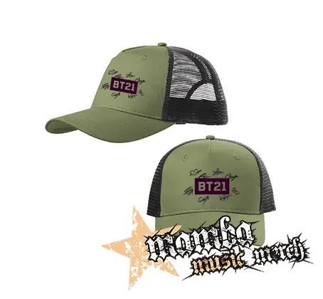 BT21 - Logo Signature - olivovočierna sieťkovaná šiltovka model "Trucker Cap"