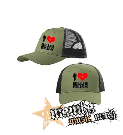 I LOVE BILLIE EILISH - olivovočierna sieťkovaná šiltovka model "Trucker Cap"