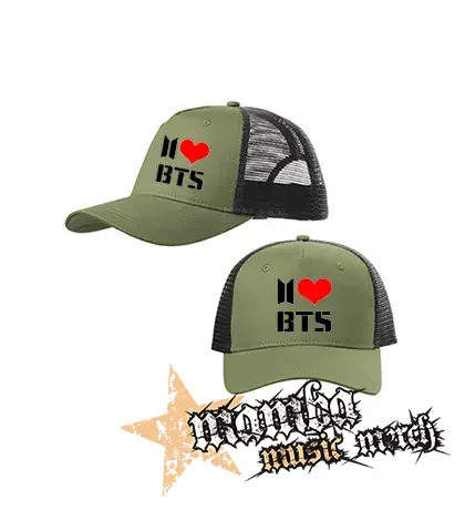 I LOVE BTS - olivovočierna sieťkovaná šiltovka model "Trucker Cap"