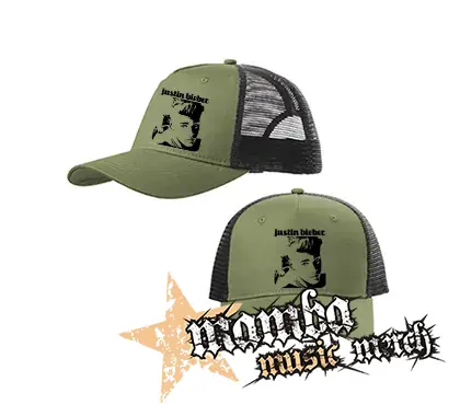 JUSTIN BIEBER - Logo & Portrait Motive 1 (2) - olivovočierna sieťkovaná šiltovka model "Trucker Cap"