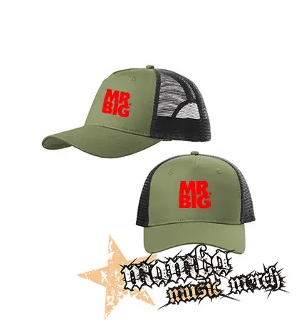 MR BIG - Logo Red White - olivovočierna sieťkovaná šiltovka model "Trucker Cap"
