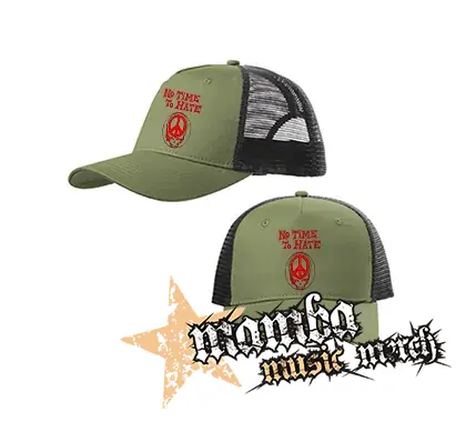 NO TIME TO HATE + PEACE SKULL - olivovočierna sieťkovaná šiltovka model "Trucker Cap"