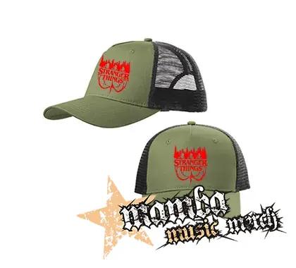 STRANGER THINGS - Logo Flip - olivovočierna sieťkovaná šiltovka model "Trucker Cap"