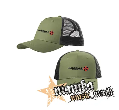 UMBRELLA CORPORATION - Logo Red White - olivovočierna sieťkovaná šiltovka model "Trucker Cap"
