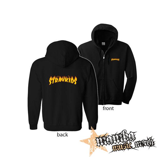 STRAY KIDS - Thrasher Logo Flame (Hoodie Zip-Up) zipsová čierna mikina